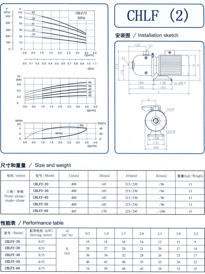 CHLF轻型立式不锈钢多级离心泵安装图、尺寸、性能